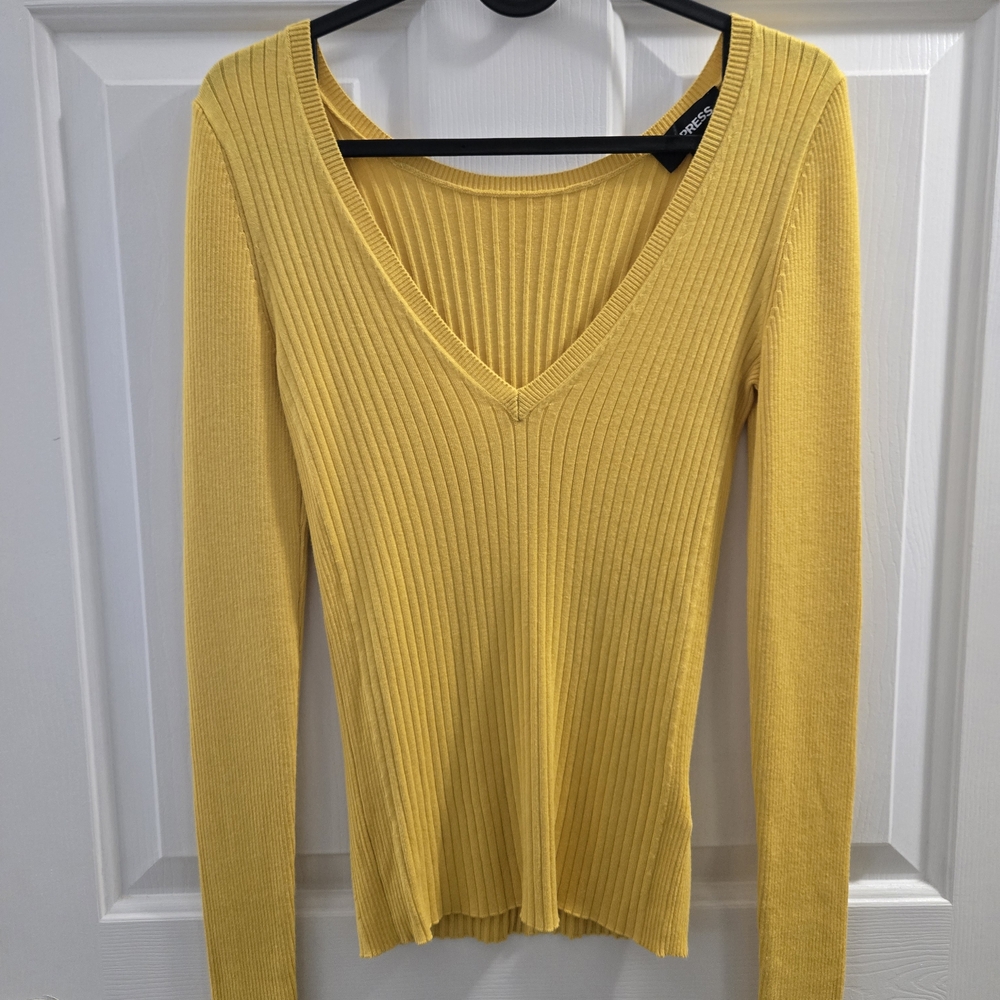 Express Yellow Ribbed V-Neck Sweater
